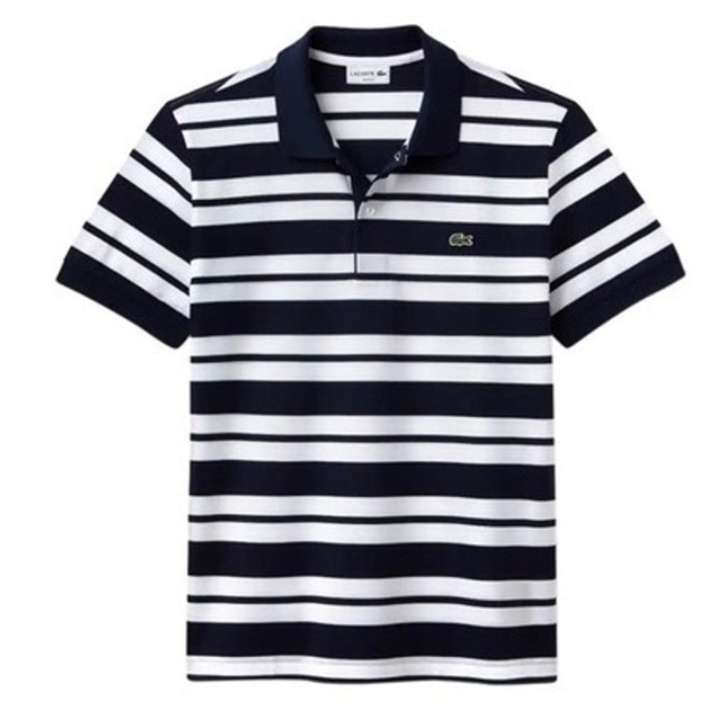 Lacoste Mens Striped Polo Shirt Navy Blue Light Blue Size 5 Large Short Sleeve